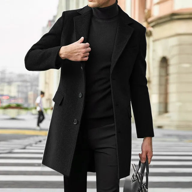 Elegant men's classic long overcoat. Single-breasted design, notched lapel, excellent for winter formal or casual wear.