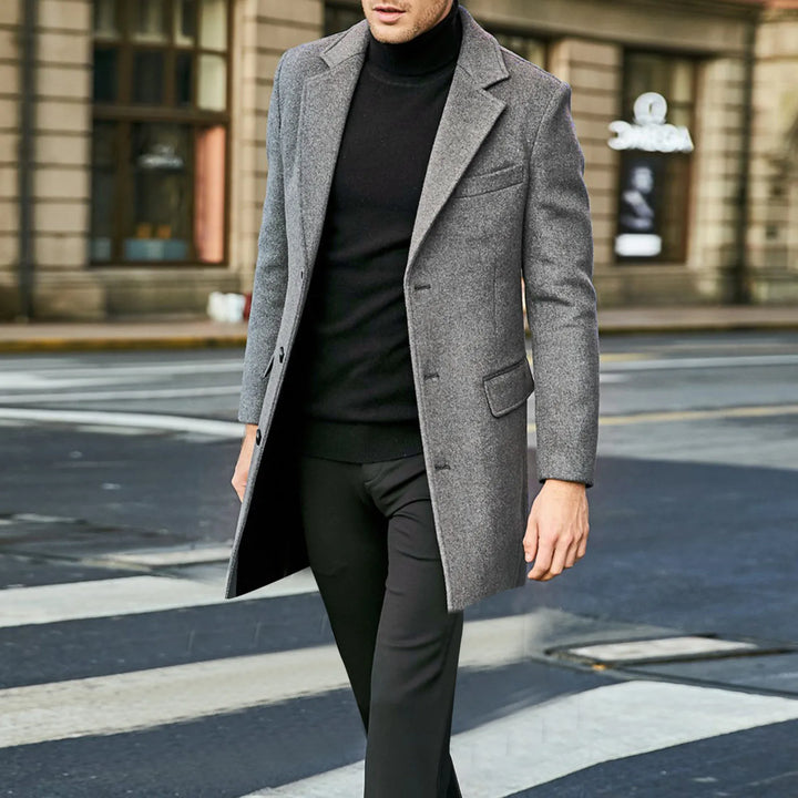 Sophisticated men's long overcoat, single-breasted winter coat. A versatile classic for men's fashion and cold weather.