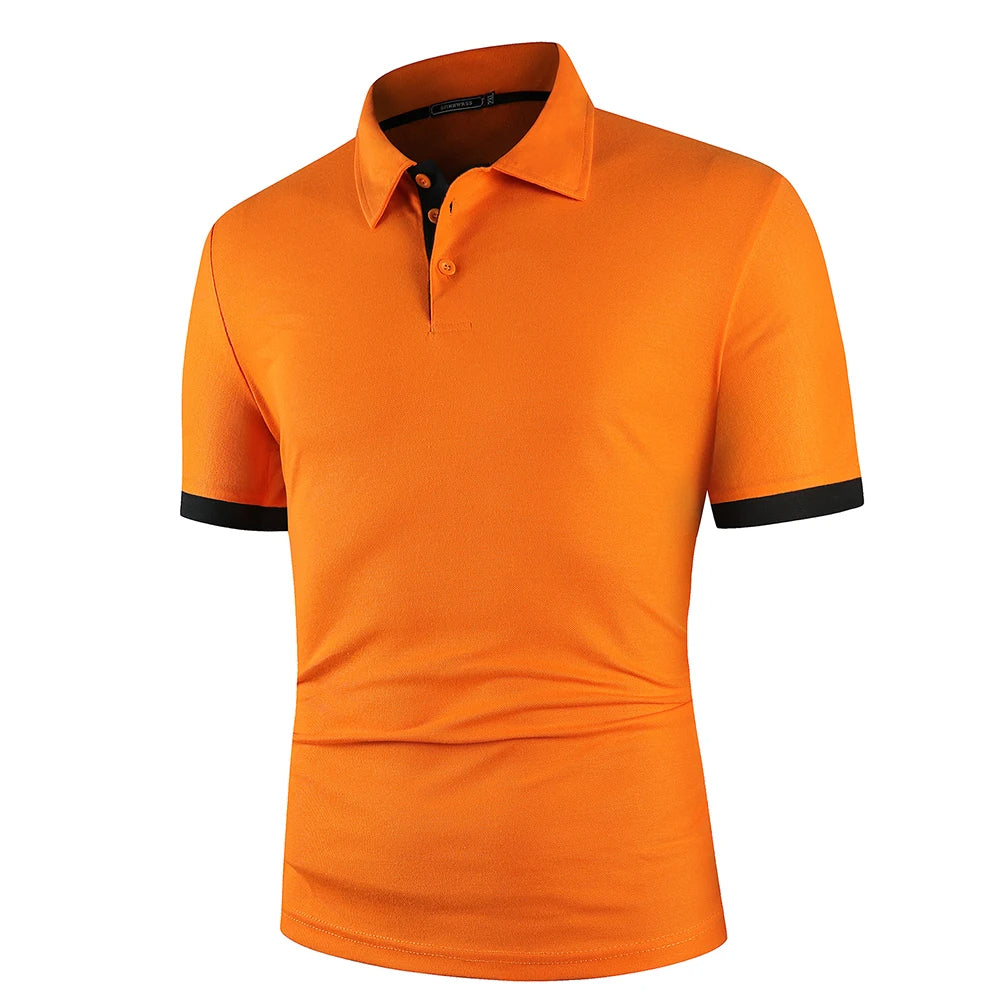 Man wearing a classic short sleeve summer polo, breathable & lightweight. Ideal casual top for warm days.