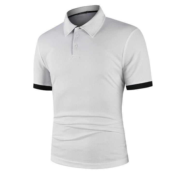 Detail of a classic men's polo shirt. Lightweight, breathable summer casual top with a neat collar.