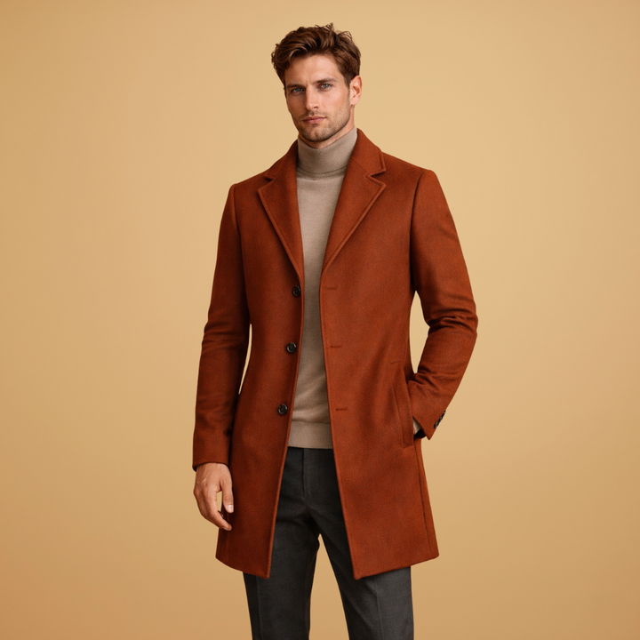 Classic men's tailored overcoat, elegant button closure, lapel collar. Perfect for formal & business casual attire.