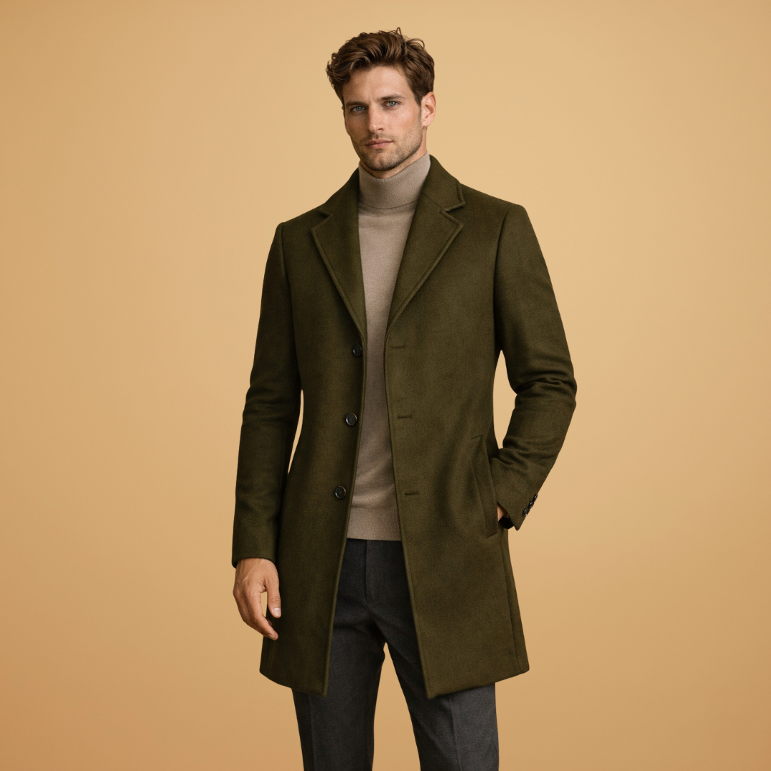 Versatile men's tailored overcoat, elegant button closure. Ideal for formal wear & business casual outerwear.