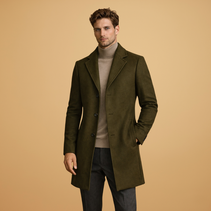 Versatile men's tailored overcoat, elegant button closure. Ideal for formal wear & business casual outerwear.