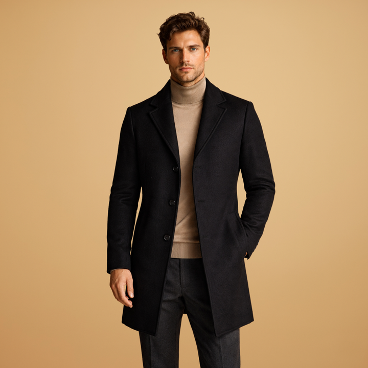 Elegant button closure detail on men's classic tailored overcoat. Ideal for formal wear & business casual.