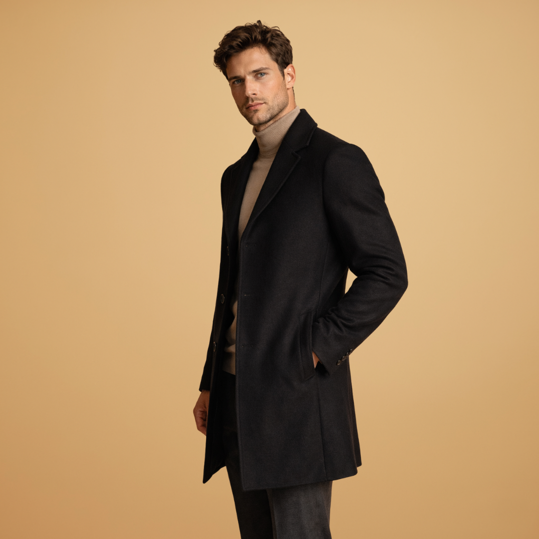 Versatile men's classic tailored overcoat, long sleeve design. Stylish outerwear for formal or business casual.