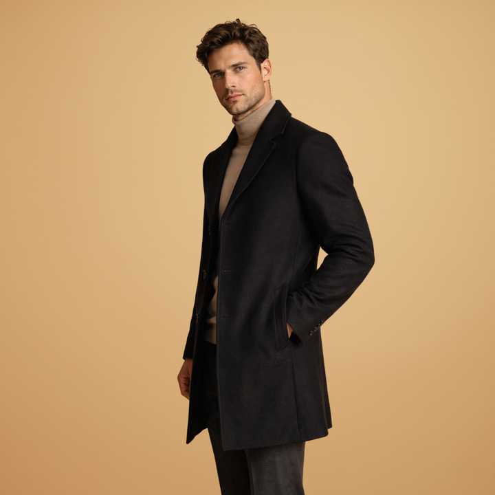 Versatile men's classic tailored overcoat, long sleeve design. Stylish outerwear for formal or business casual.