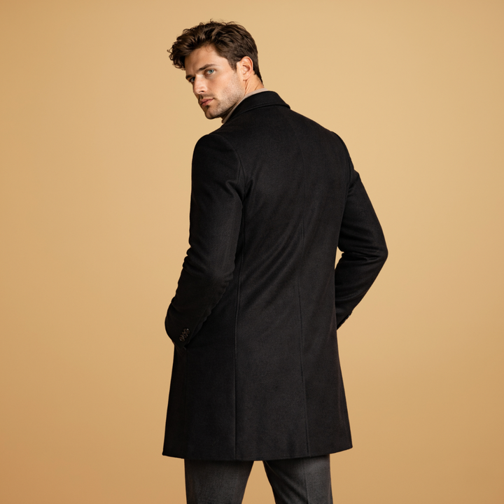 Men's tailored overcoat, classic design & elegant button closure. Perfect outerwear for formal & business casual.