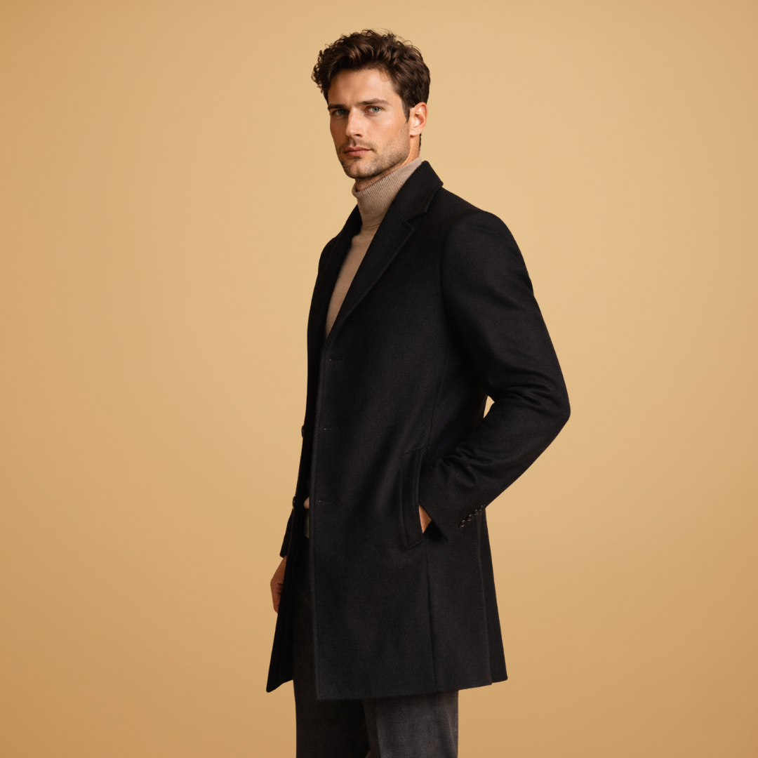 Stylish men's classic tailored overcoat, sophisticated formal wear. Features lapel collar & button closure.