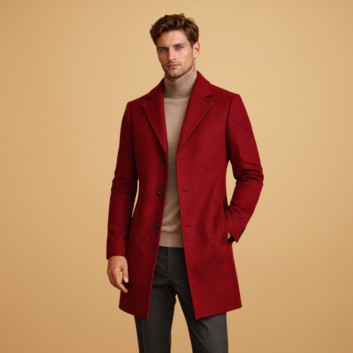 Full view of men's classic tailored overcoat with button closure. Versatile formal wear and business casual outerwear.