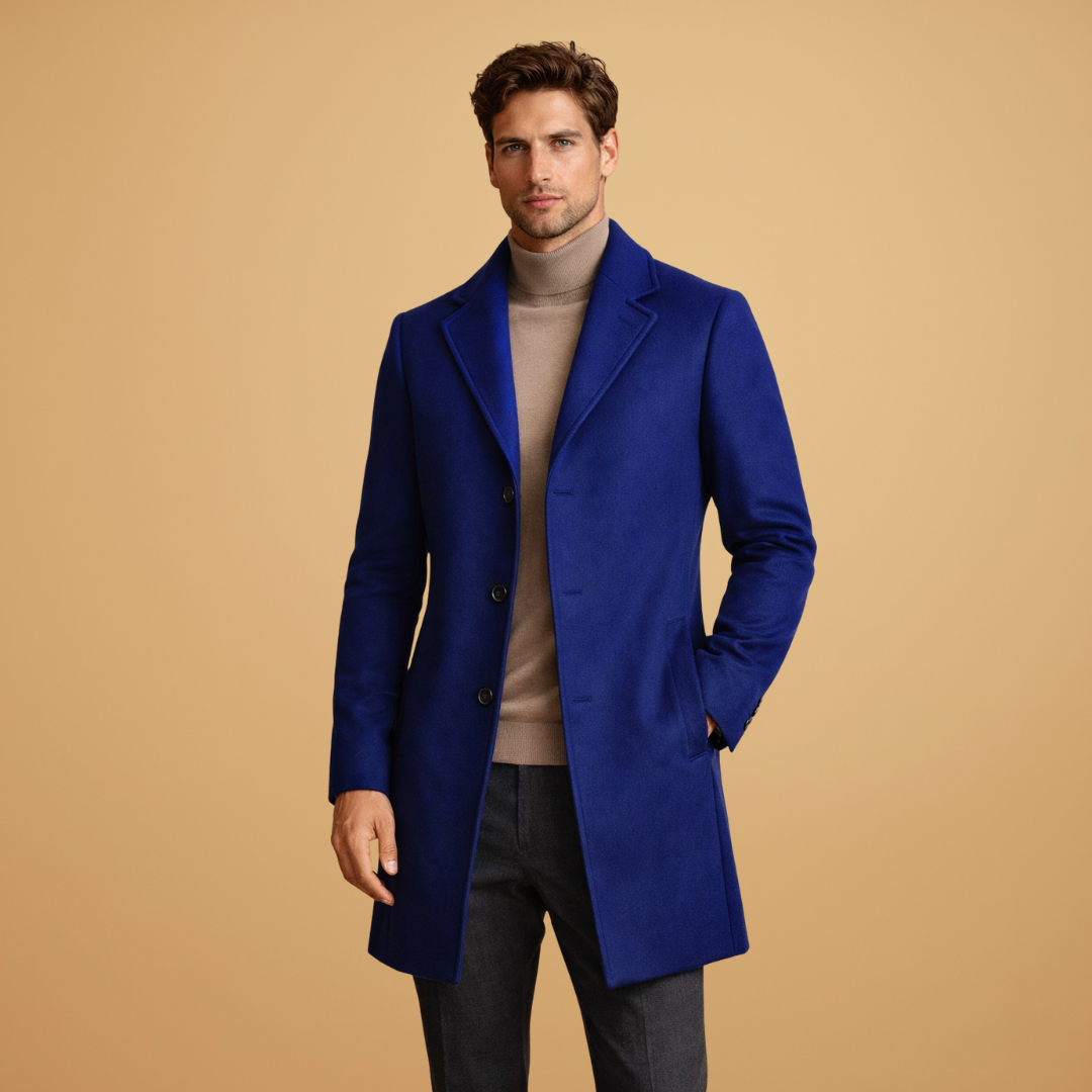 Detail of lapel collar on men's classic tailored overcoat. Elegant for formal wear & business casual outerwear.
