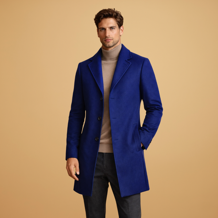 Detail of lapel collar on men's classic tailored overcoat. Elegant for formal wear & business casual outerwear.