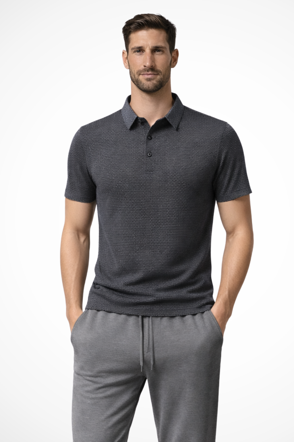 Men's classic textured short sleeve polo shirt, smart casual menswear for everyday wear.