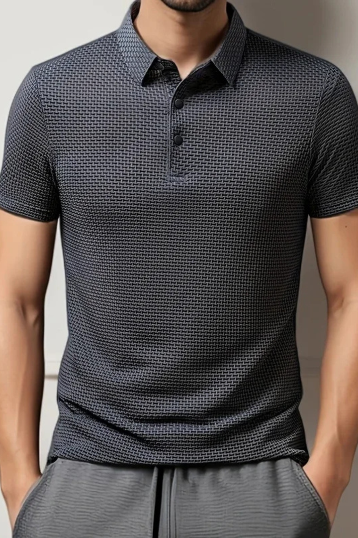 Men's textured short sleeve polo with button placket. Ideal for casual & smart casual fashion.