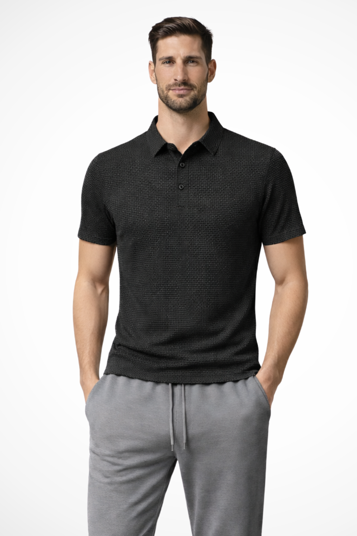 Versatile men's short sleeve textured polo shirt, perfect for summer, formal, or casual occasions.