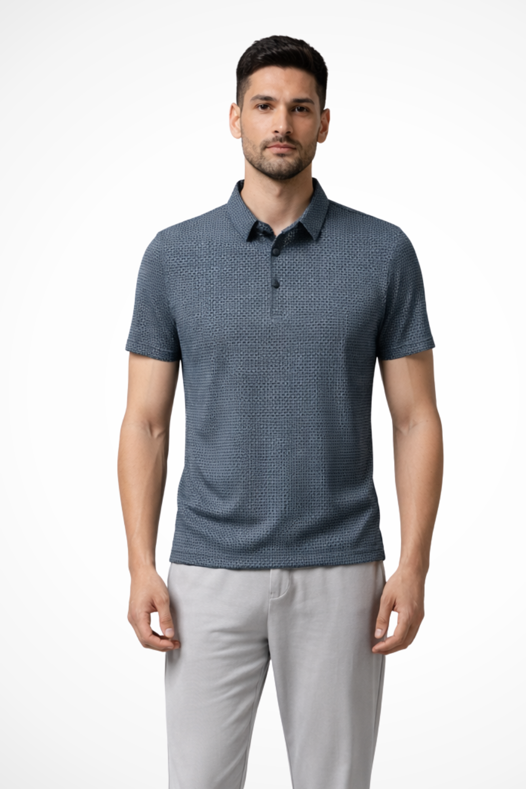 Comfortable men's classic textured polo, a timeless short sleeve shirt for smart casual everyday wear.