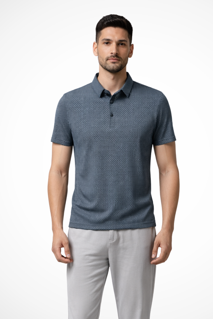 Comfortable men's classic textured polo, a timeless short sleeve shirt for smart casual everyday wear.