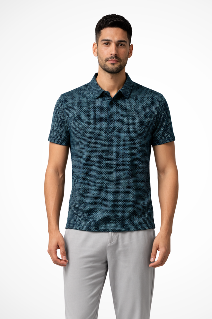 Stylish men's short sleeve textured polo with button placket, a classic for smart casual menswear.