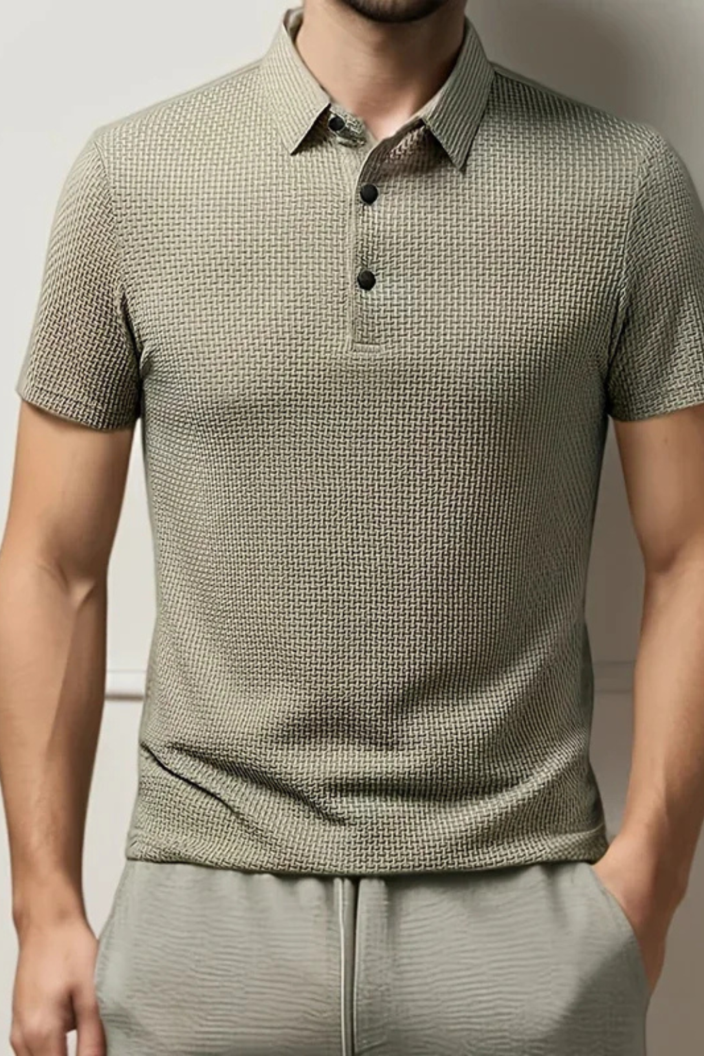 Men's classic textured short sleeve polo. Versatile design for smart casual and everyday fashion.