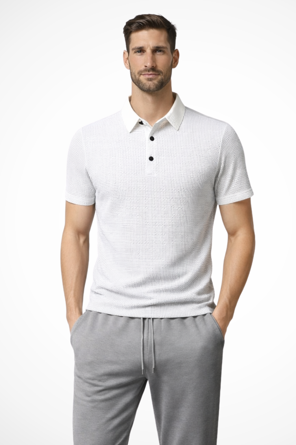 Elegant men's fashion textured short sleeve polo, a smart casual staple for modern menswear style.