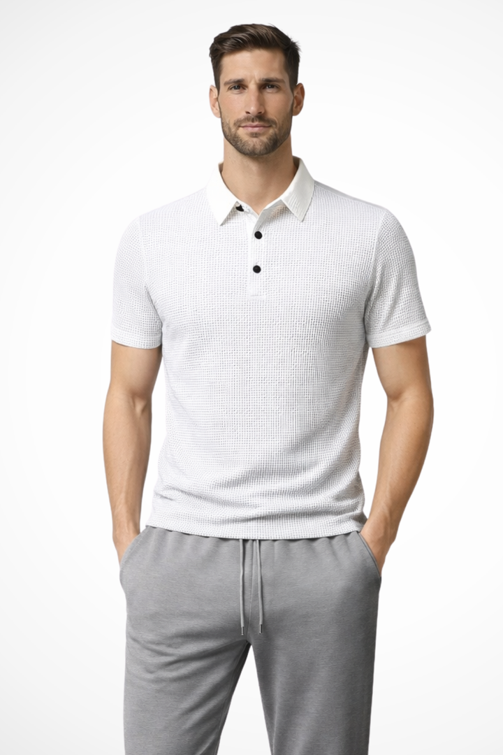 Elegant men's fashion textured short sleeve polo, a smart casual staple for modern menswear style.