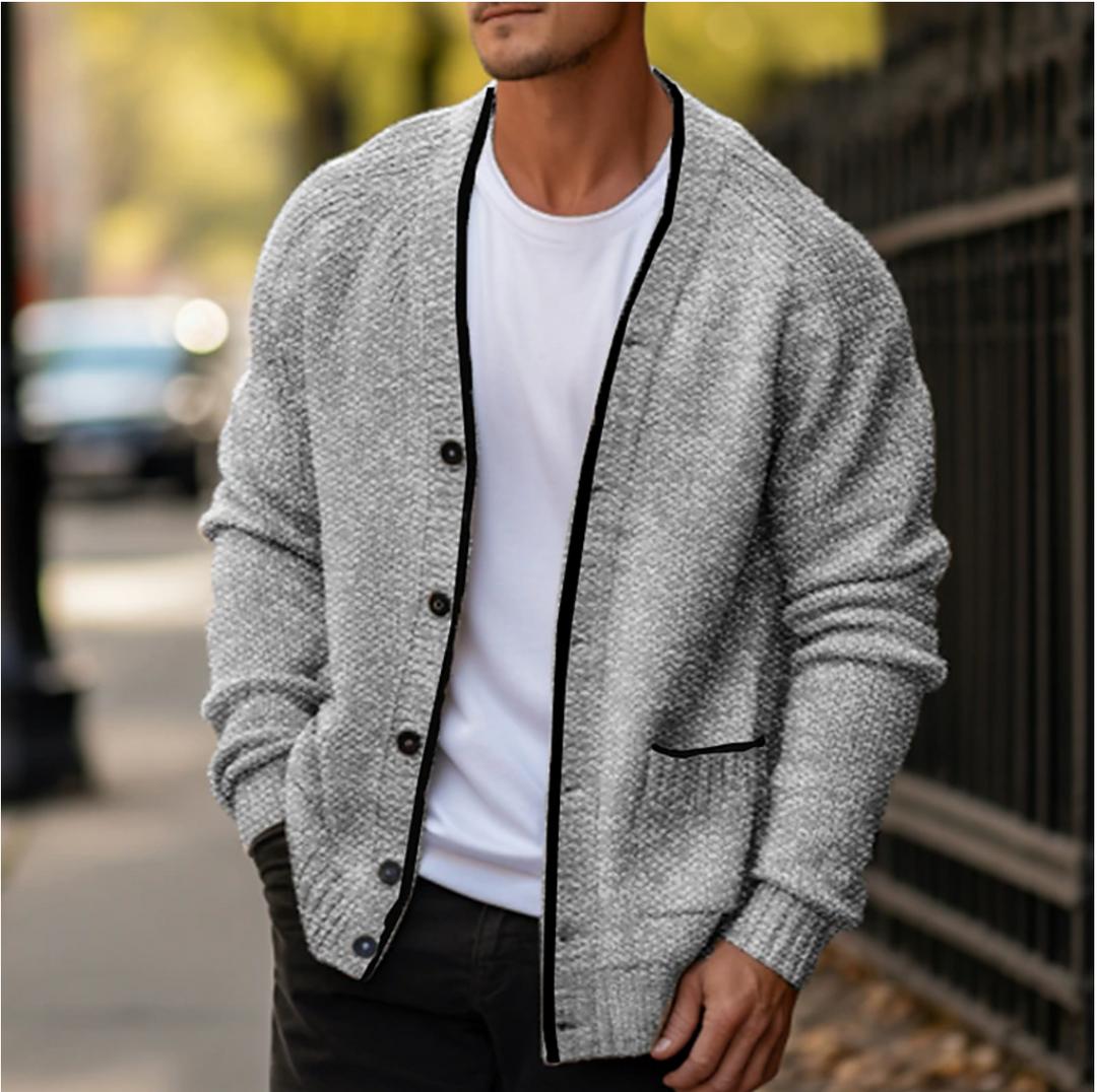 Men's classic V-neck button-down cardigan sweater, a versatile layering piece for smart casual men's fashion.