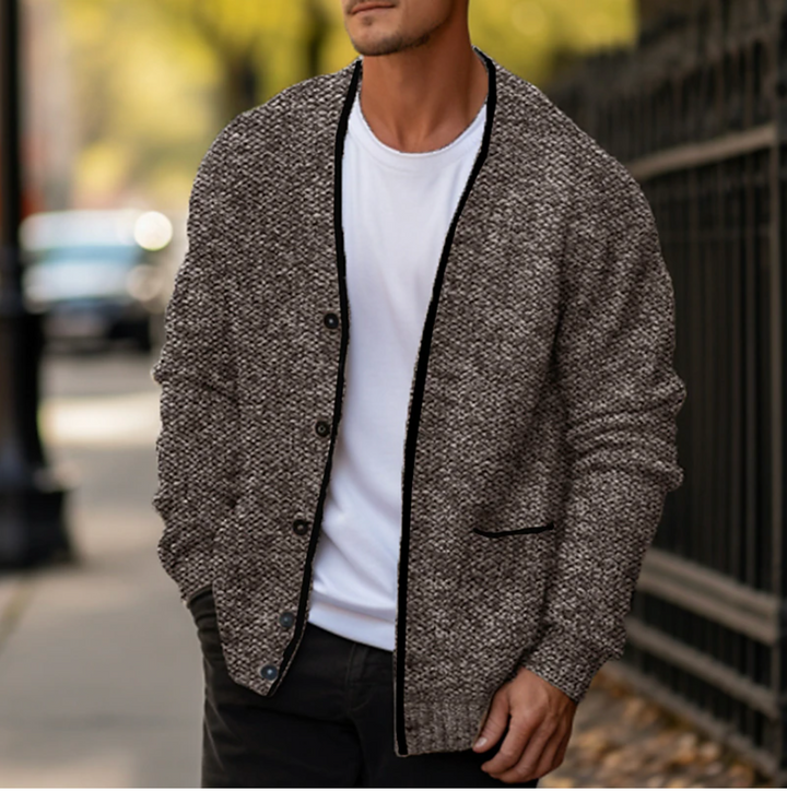 Comfortable men's long sleeve V-neck button-down cardigan sweater with pockets, ideal for casual wear.