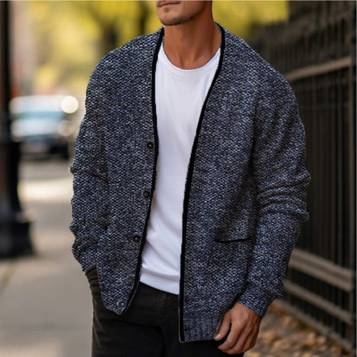 Stylish men's V-neck button-down cardigan sweater in a timeless design, perfect for everyday men's apparel.