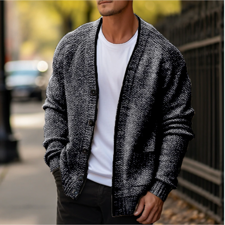 Classic men's button-down V-neck cardigan sweater, an essential layering piece for men's fashion.