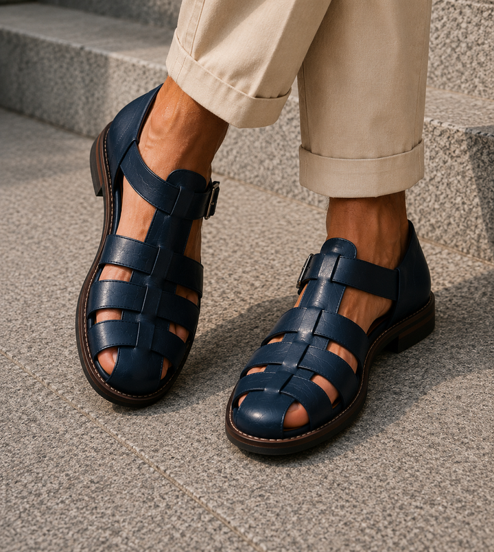Durable men's closed-toe fisherman sandals, comfortable slip-on summer footwear with buckle.