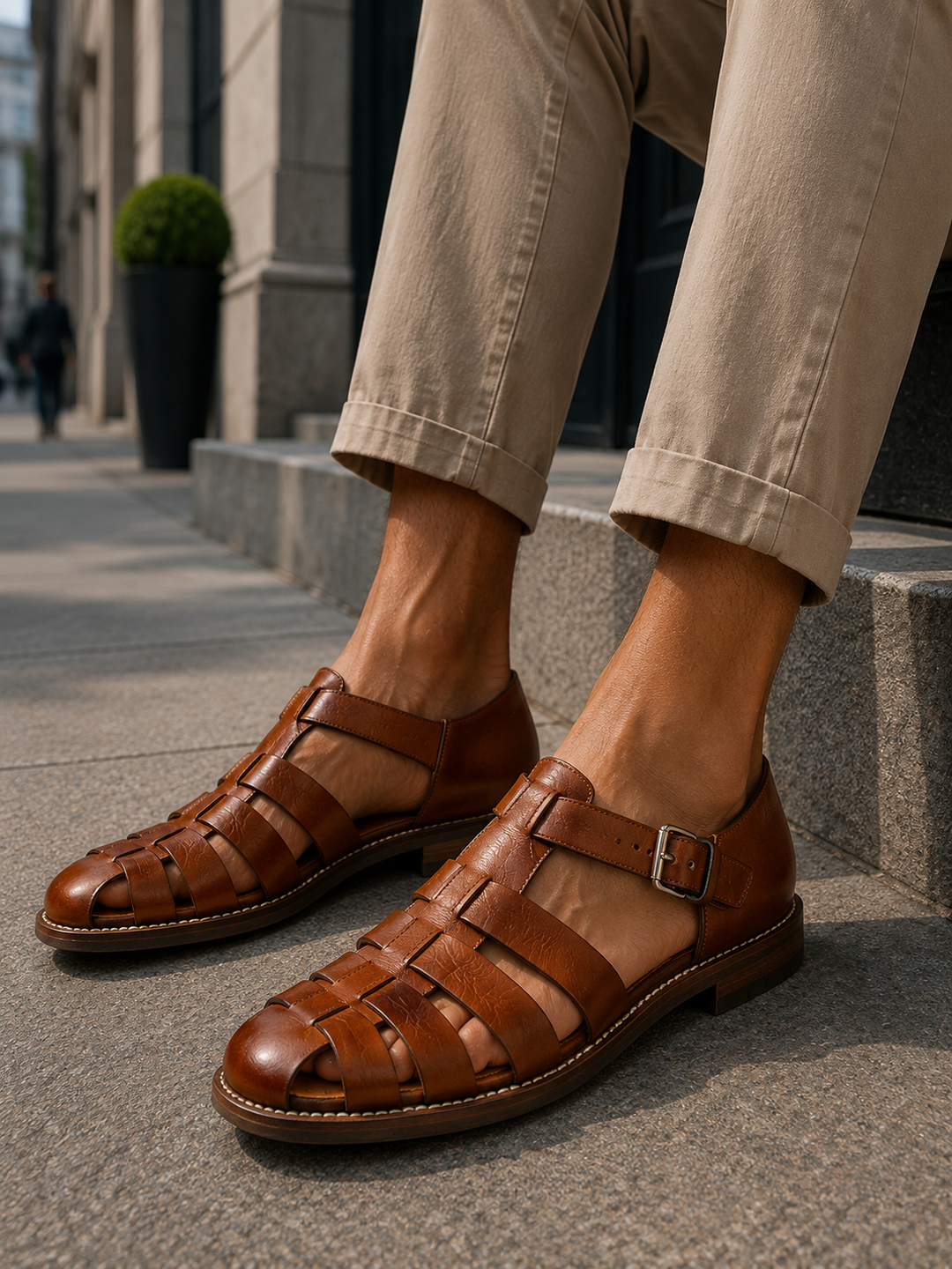 Durable men's closed-toe fisherman sandals with secure buckle strap, ideal for warm weather.