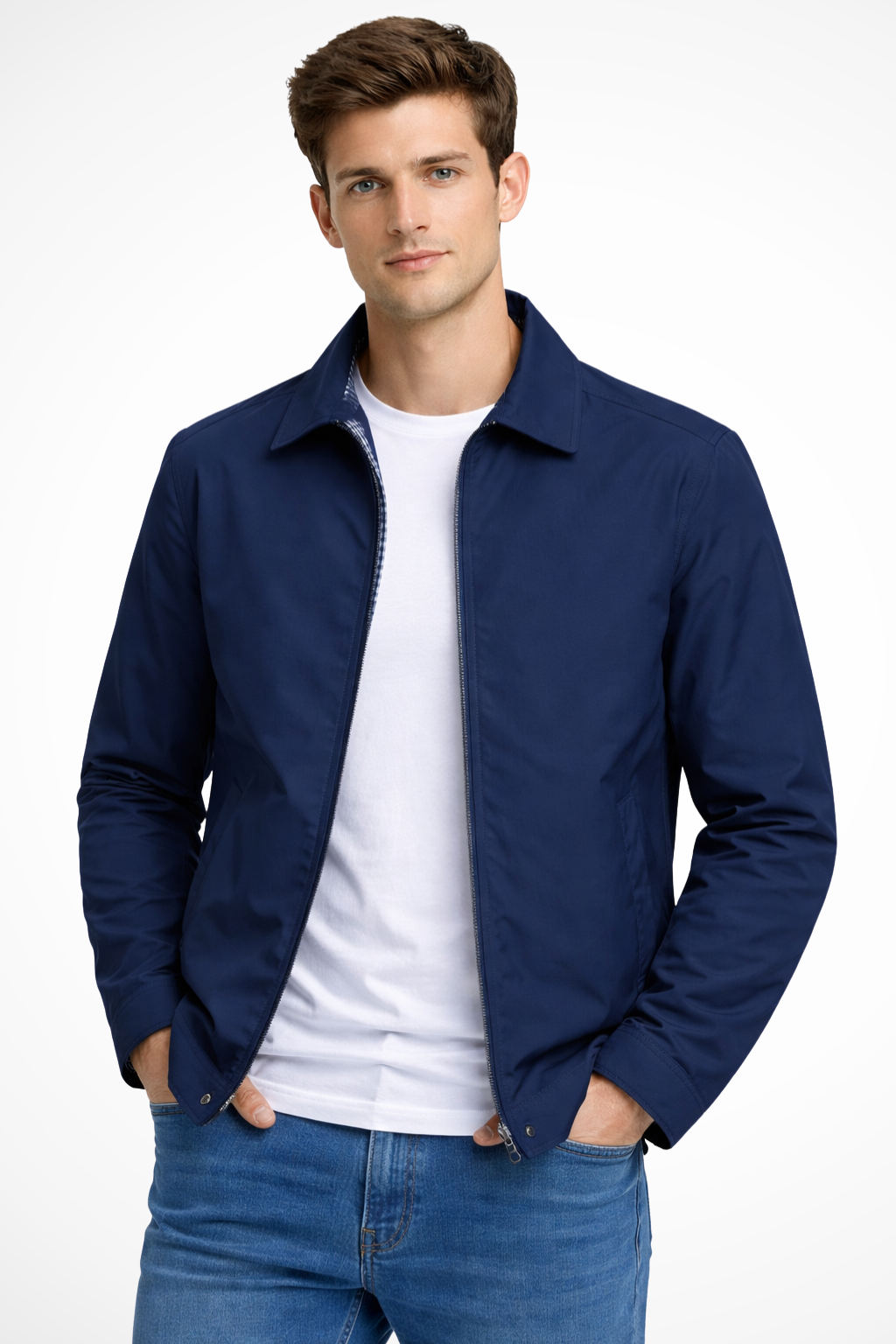 Men's collared Harrington jacket with stylish check lining; perfect smart casual outerwear for spring & autumn.
