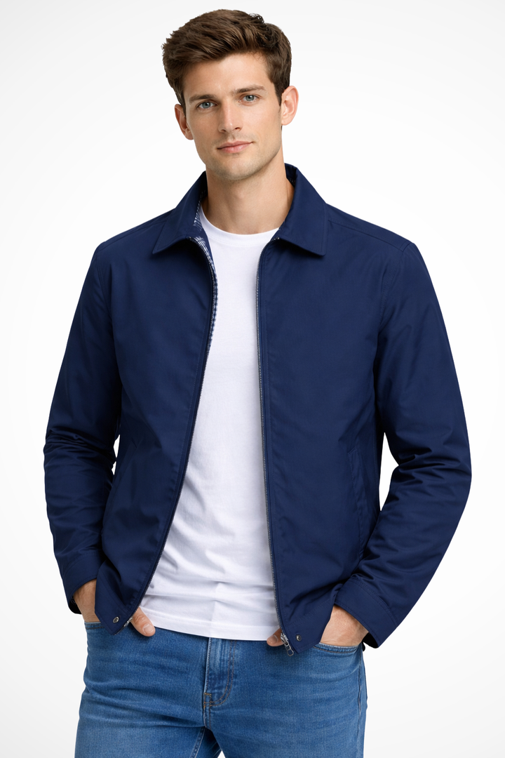 Men's collared Harrington jacket with stylish check lining; perfect smart casual outerwear for spring & autumn.