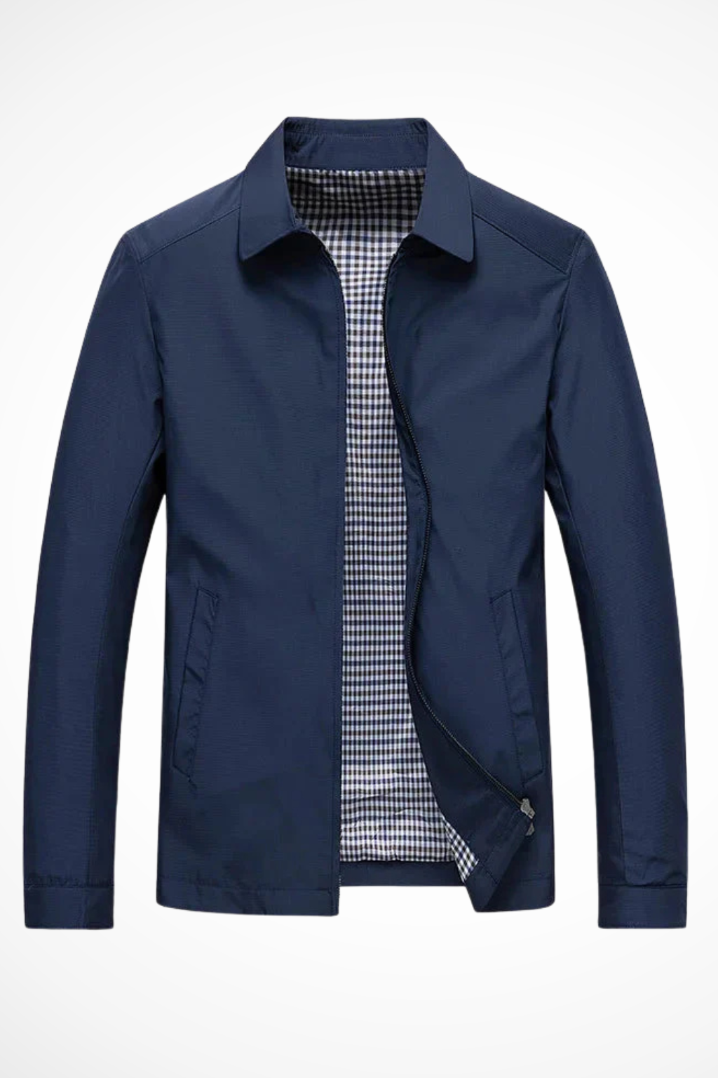 Stylish check lining detail of a men's versatile collared Harrington jacket; great for casual everyday fashion.