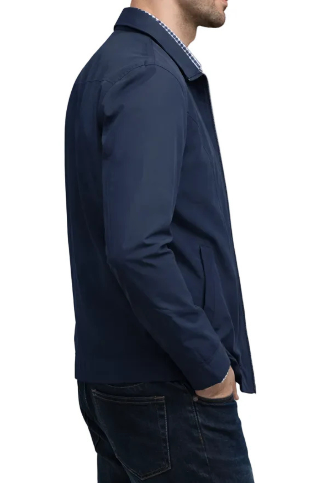 Zip-up men's Harrington jacket with classic collar and fashionable check lining; essential versatile outerwear.