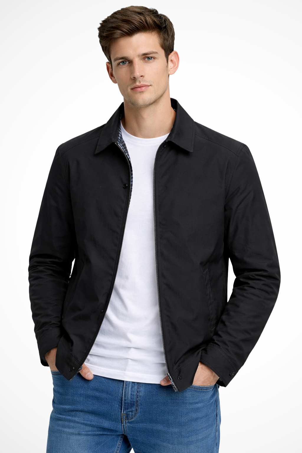 Men's smart casual collared Harrington jacket worn for everyday style; comfortable autumn & spring outerwear.
