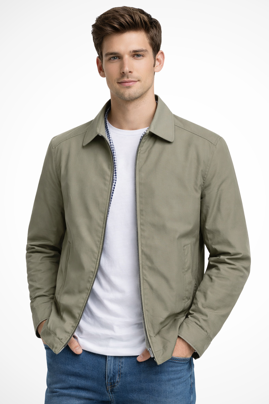 Men's collared zip-up Harrington jacket featuring a stylish check lining; comfortable fit for modern men's fashion.