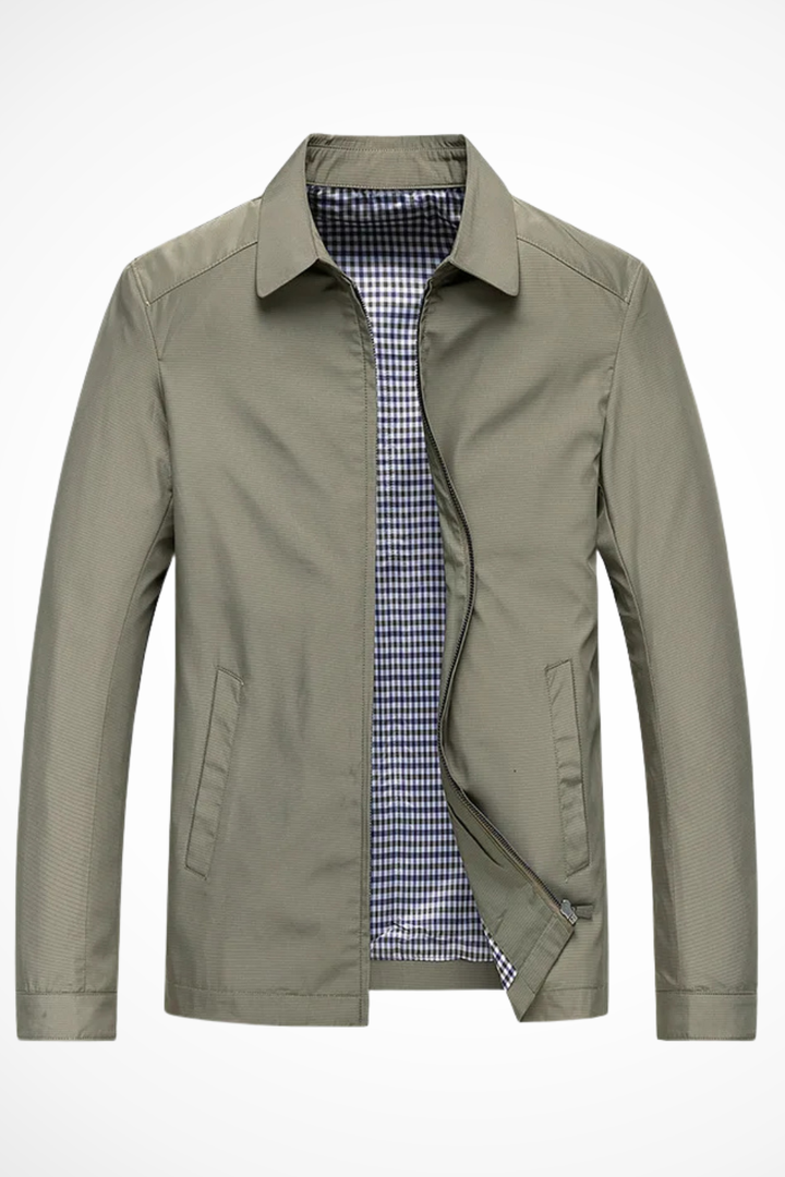 Men's fashion collared Harrington jacket with check lining; durable casual outerwear, perfect for spring/autumn.