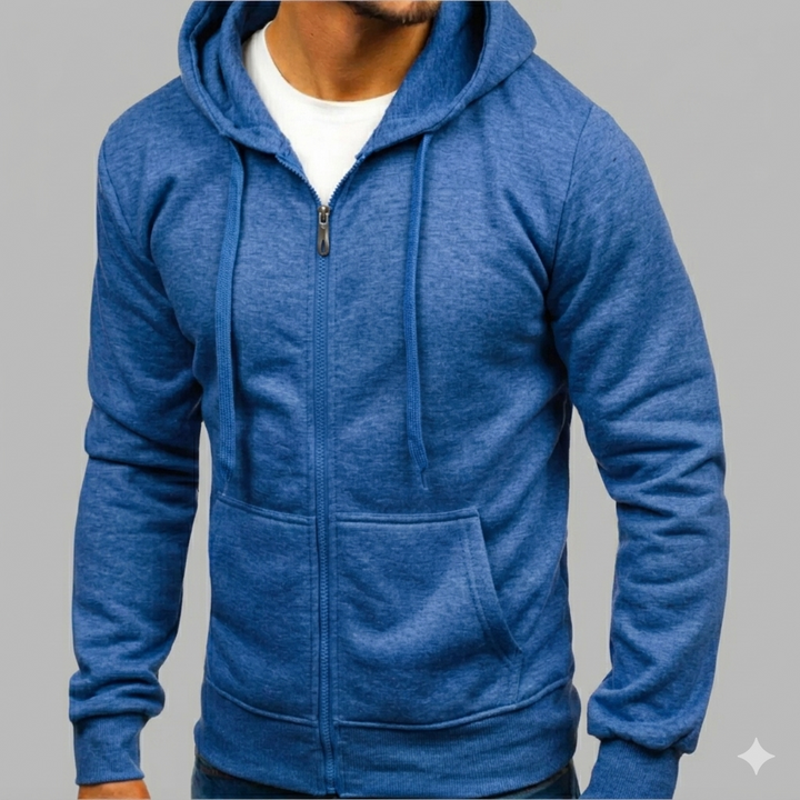 Versatile men's zip hoodie, a comfortable everyday jacket for casual outfits & layering year-round.