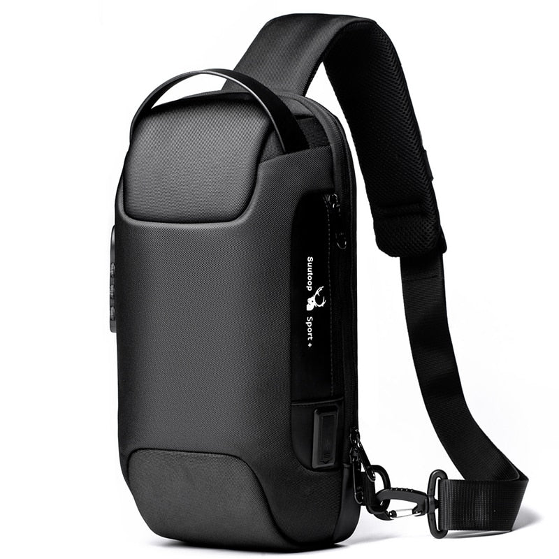 Men's compact anti-theft crossbody bag with USB charging port, water-resistant for travel & commuting.