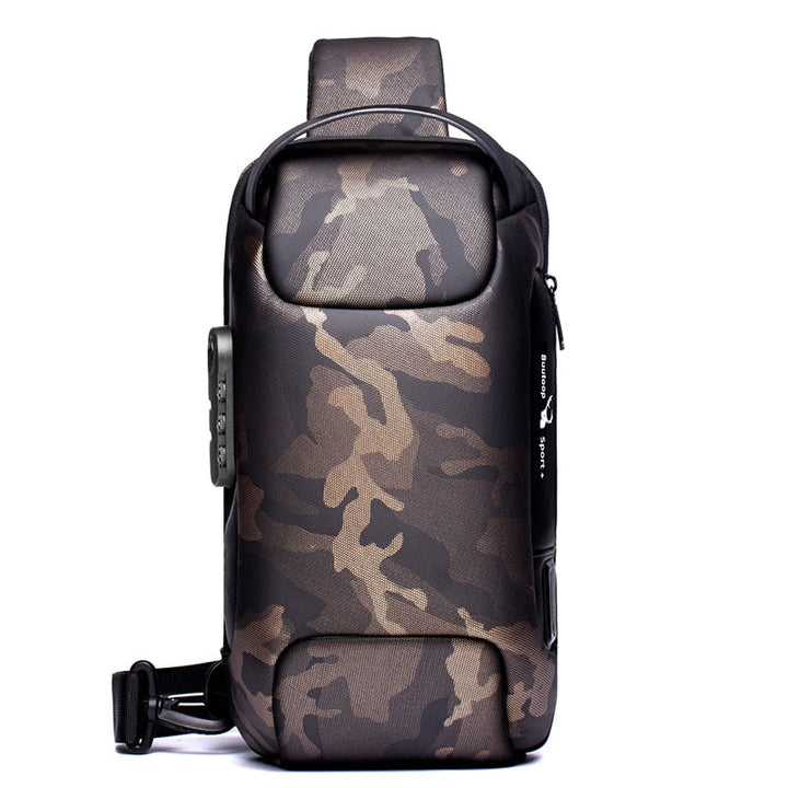 Stylish men's compact chest bag, anti-theft design with external USB port, perfect for urban explorers.