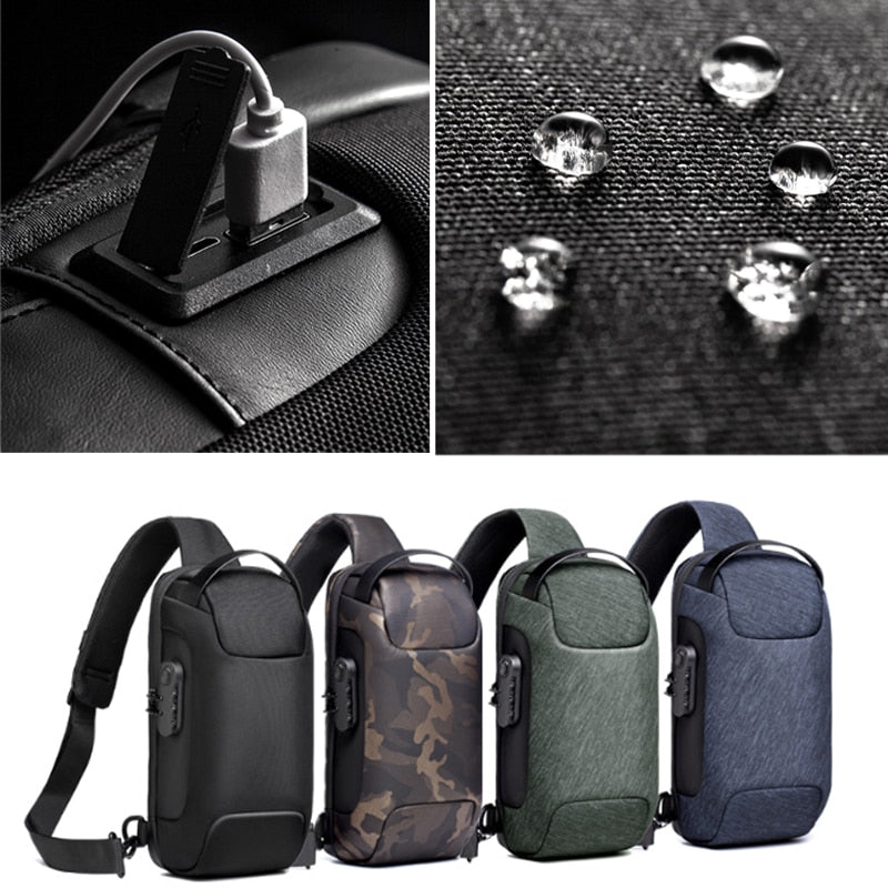 Durable water-resistant men's travel bag, secure anti-theft design, compact chest pack with USB charger.