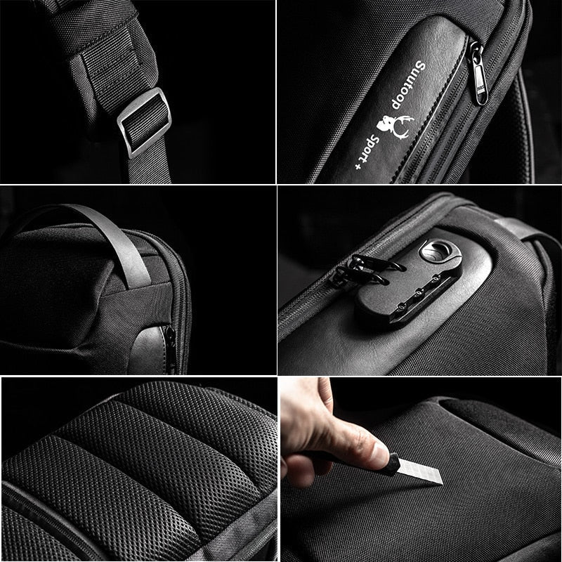 Black men's compact anti-theft crossbody bag, showing USB port and secure front zipper pocket.