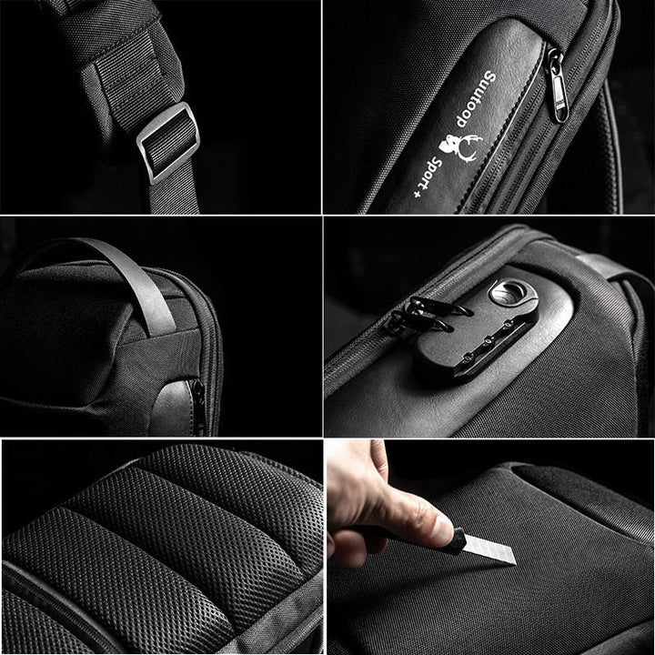 Black men's compact anti-theft crossbody bag, showing USB port and secure front zipper pocket.