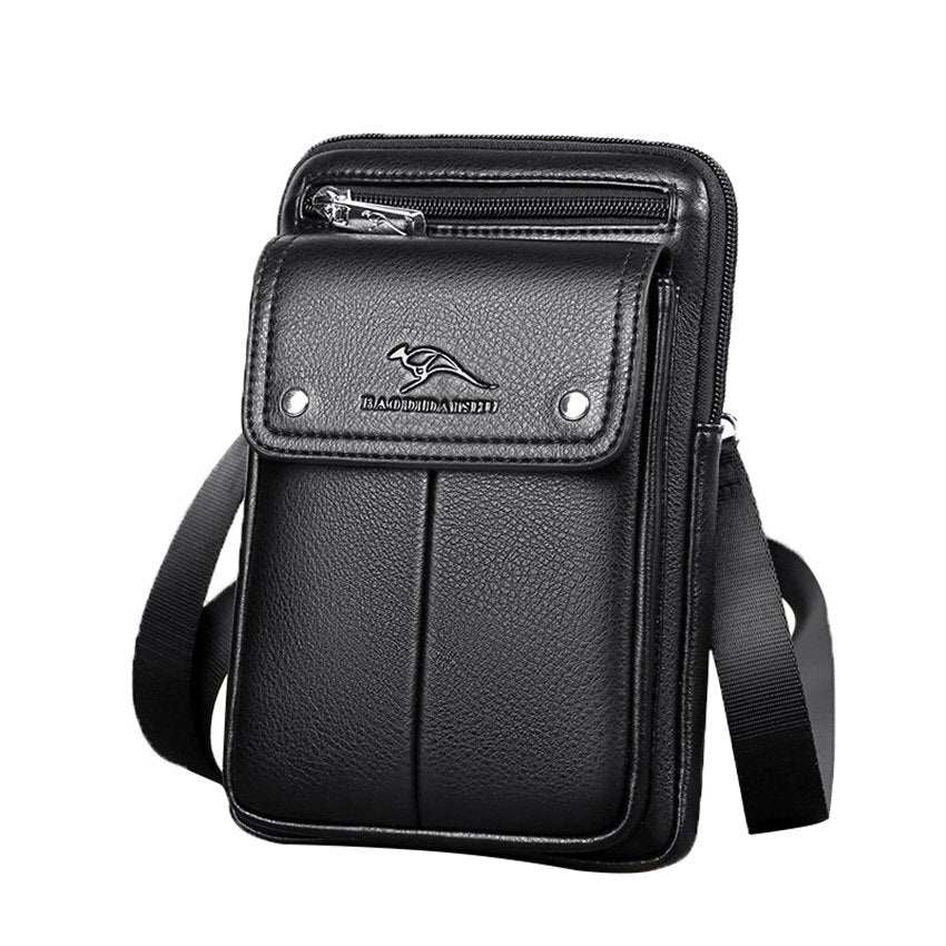 Men's compact black PU leather crossbody bag with an adjustable strap, perfect for daily carry.