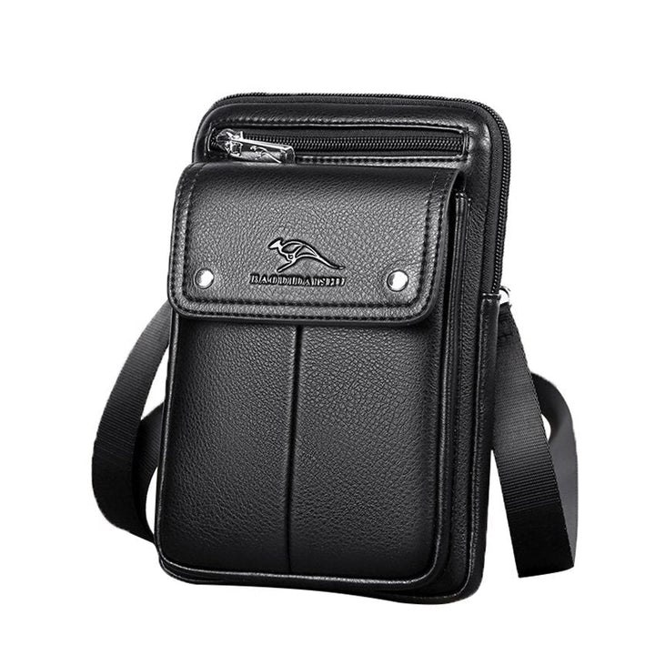 Men's compact black PU leather crossbody bag with an adjustable strap, perfect for daily carry.