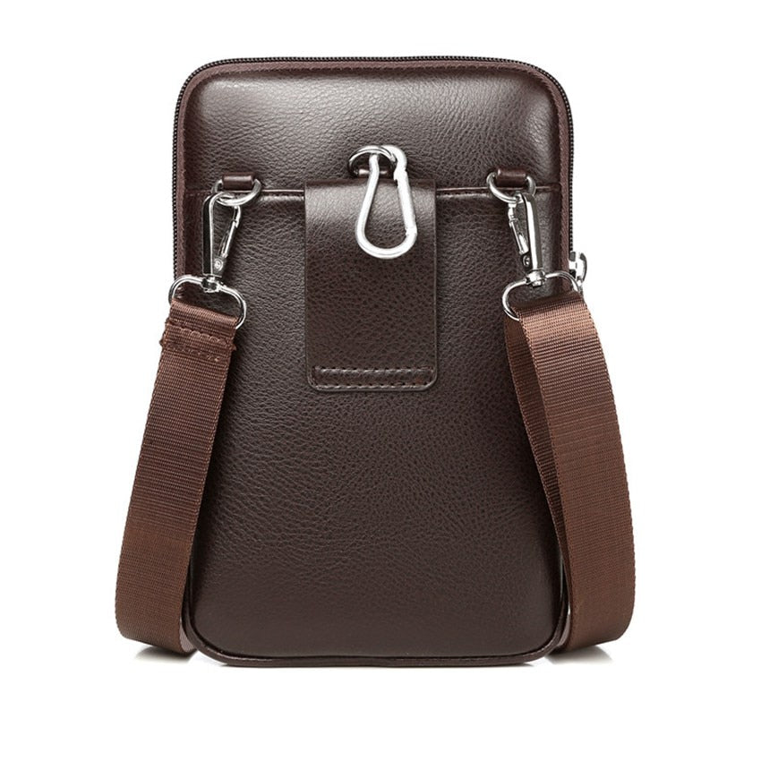 Compact men's PU leather crossbody bag, black, with adjustable strap for everyday essentials.