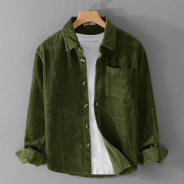 Comfortable men's long sleeve collared corduroy shirt, ideal for stylish button-down casual wear.