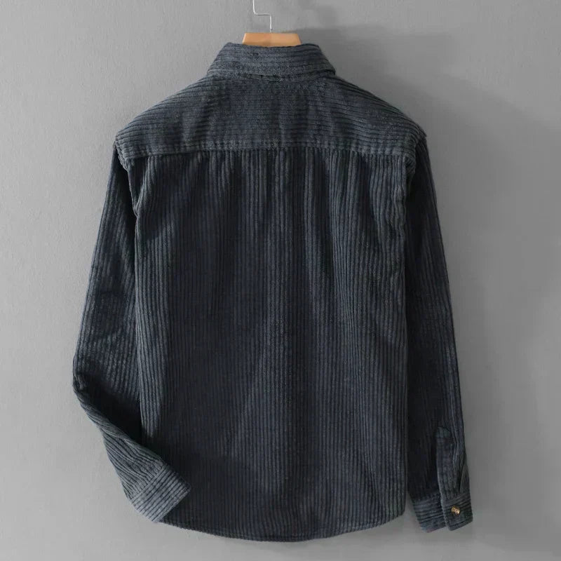 Man wearing a comfortable, stylish men's long sleeve corduroy shirt, perfect for everyday fashion.