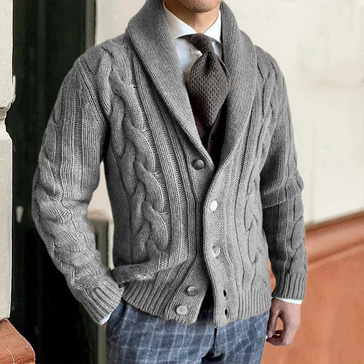 Warm men's long sleeve cable knit sweater, featuring a comfortable shawl collar for ultimate cozy knitwear style.