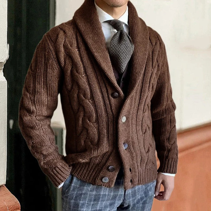 Stylish men's button-front cable knit sweater with an elegant shawl collar, a must-have for winter men's fashion.